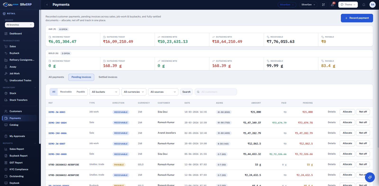 SilvERP payments screen