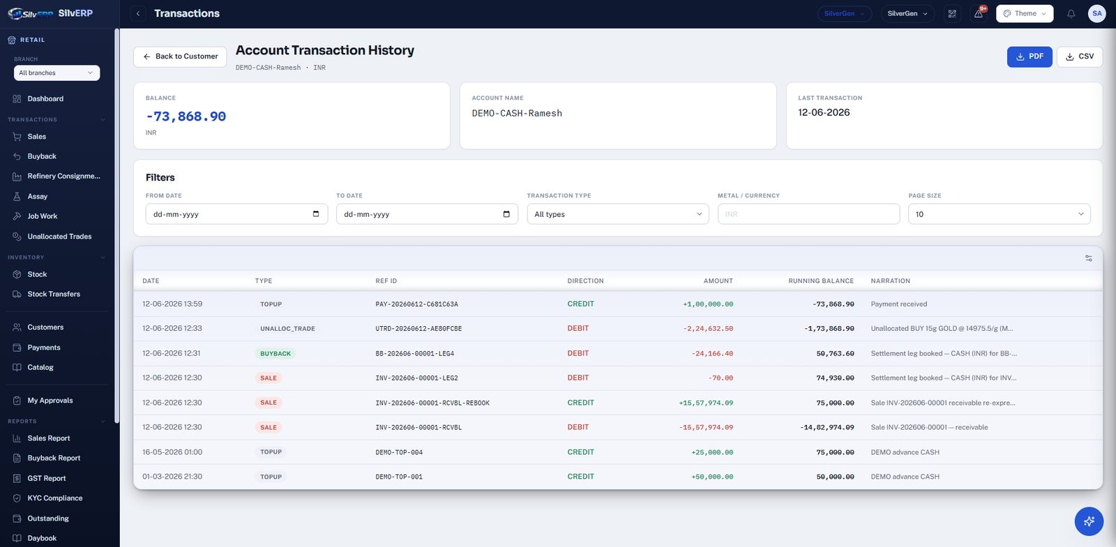 SilvERP metal account transactions