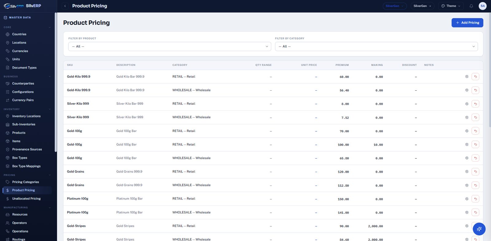 SilvERP product pricing